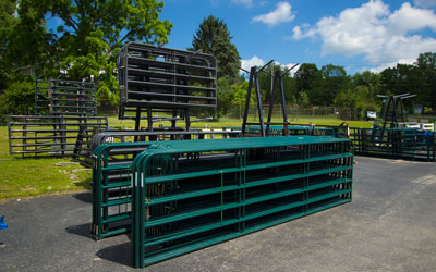 Green metal fence sections.